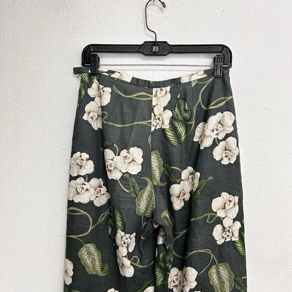 Silk Club Collection 100% Linen Crop Pants Green Floral Size 6 Fully Lined Zip - Picture 6 of 10